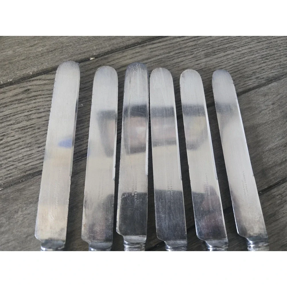 6 Antique Landers Frary & Clark Pearl & Sterling Silver Rose Band Butter Knives